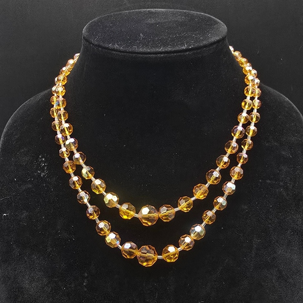 Vintage Aurora Borealis Yellow Glass Necklace Double Strand Layered